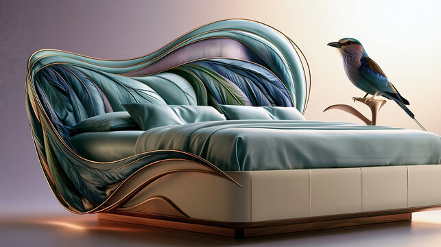 A modern, luxury bed with a biomorphic design featuring flowing curves and colorful bedding. A small bird perches on the bed, adding a touch of nature-inspired elegance.