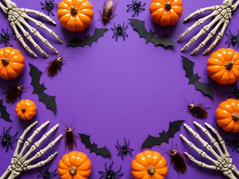 Halloween holiday flat lay with pumpkins, skeletons, and bats on purple. Festive spooky background for creative.