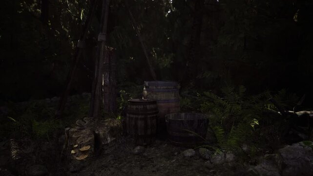Hidden ranger supply cache with stacked barrels and timber at forest edge, damp earth and soft moss suggesting years of weathering and quiet maintenance.