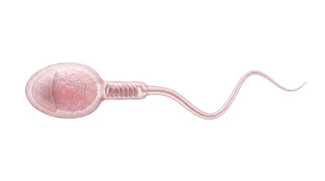 Microscopic view of single sperm cell swimming in isolated bright background with soft focus