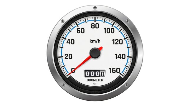 Close up of analog car speedometer with red needle indicating high speed on white background