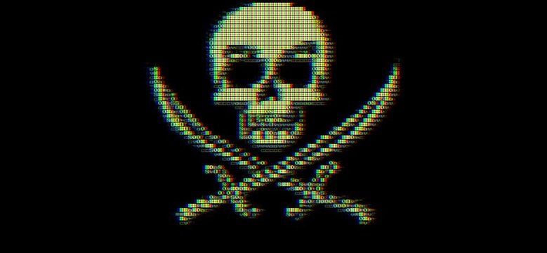 ASCII art Jolly Roger pirate skull and crossbones made of code characters on black background