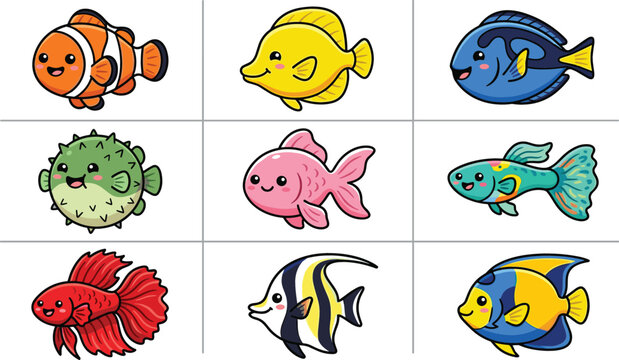 Cute kawaii tropical fish sticker bundle pack featuring happy cartoon clownfish pufferfish betta and tang characters vector illustration isolated on white