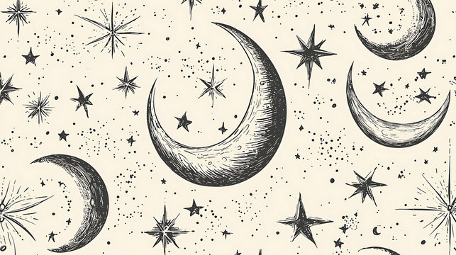 A drawing of a crescent moon with stars surrounding it