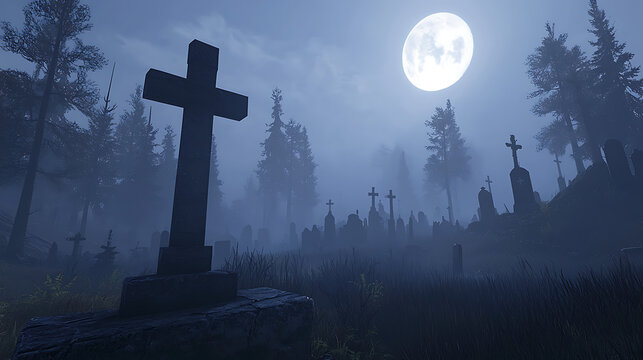 A graveyard with a large cross and a full moon in the background