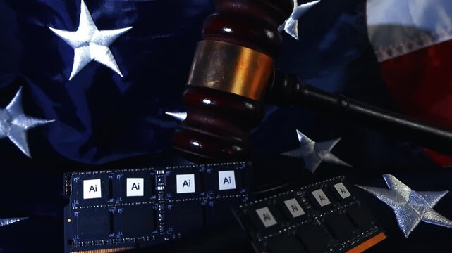 Conceptual footage orbiting around a judge's gavel and AI computer chips on top of a United States flag, representing the legal and ethical challenges of artificial intelligence in America