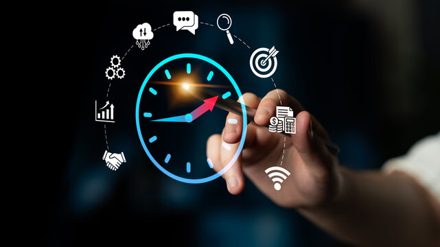 Digital Time Management Concept with Clock, Business Icons, and Data Visualization Elements for Productivity and Efficiency in the Workplace. Glyphic.