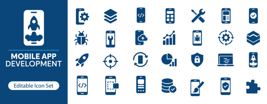 Mobile App Development Solid Icon Set, Application Design and Software Engineering Icons for UI UX, Coding and Digital Product Development