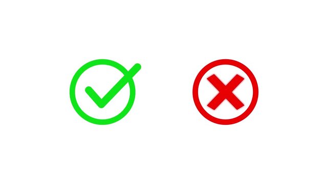 Green checkmark and red cross icon set animation, yes no sign symbol, check mark animation, Modern right or wrong choice marks, Yes and No symbols choice