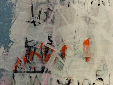Abstract Mixed Media Painting with Translucent Plastic Overlay &mdash; White, Orange and Black Gestural Layers