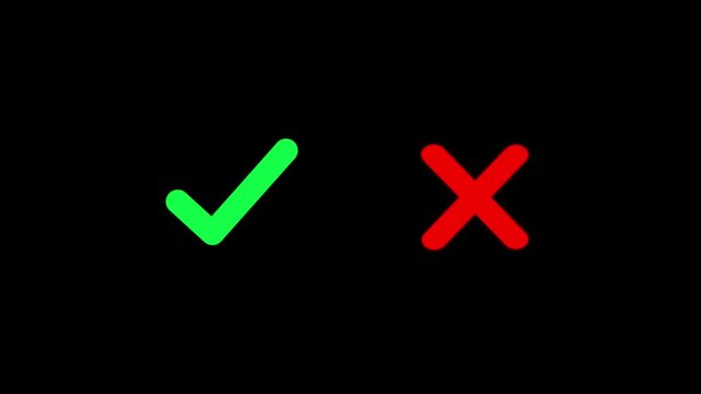 Animated green check mark and red cross symbols 4k video. Approval badge, checklist, done, warning, yes or no, and green tick sign animation