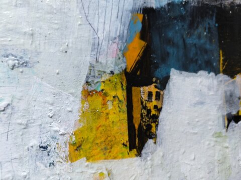 Abstract Acrylic Painting Detail &mdash; White Ground with Yellow Ochre Block and Dark Blue Gestural Marks

