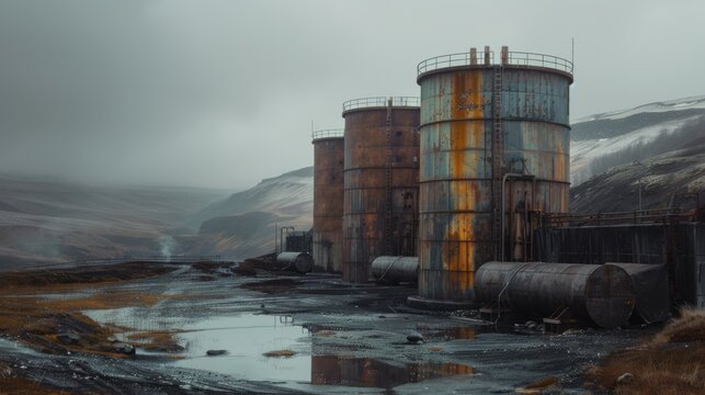 Abandoned industrial tanks in foggy valley Canon EOS R5