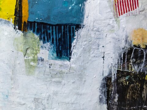 Abstract Mixed Media Painting &mdash; White Ground with Teal Blue Block, Dark Drips and Striped Paper Collage