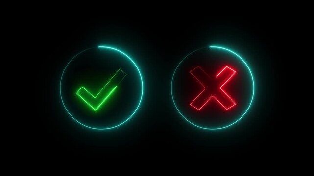 Neon check mark and cross mark signs neon icon animation. right and wrong animated neon icons, False and true. accept and reject. neon right and wrong icon animation