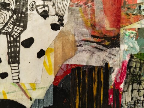 Abstract Mixed Media Painting Detail &mdash; Ink Drawing, Black Dots and Red Orange Collage Layers on Canvas