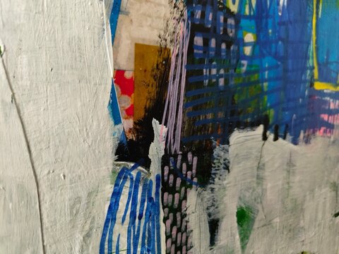 Abstract Acrylic Painting Detail &mdash; Blue Grid Brushstrokes with White Wash and Collage on Canvas