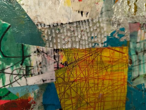 Abstract Mixed Media Painting Detail &mdash; Bubble Wrap Texture with White Drops, Cross-Hatched Lines on Yellow