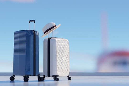 Travel suitcases with hat at airport terminal background