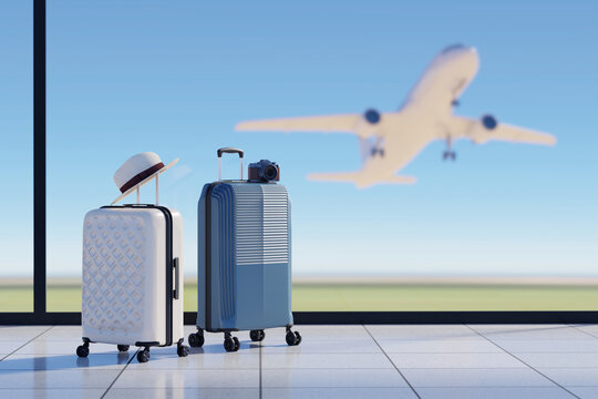 Travel luggage at airport window with airplane silhouette