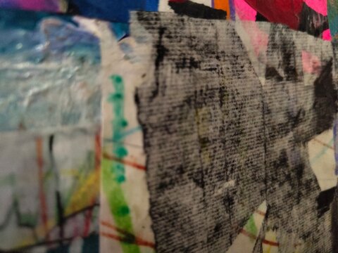 Abstract Mixed Media Collage with Newspaper Texture &mdash; Black Grid Print, Pink, Magenta and Blue Layers