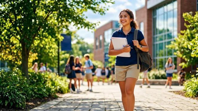 Smiling woman student walking on sunny campus path holding notebook and backpack. Back to school scene with peers in background. University education and youthful learning concept