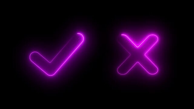 Tick or check mark and cross mark signs neon icon animation. right and wrong animated neon icons, False and true. accept and reject. neon right - 4k black background icon animation 4k
