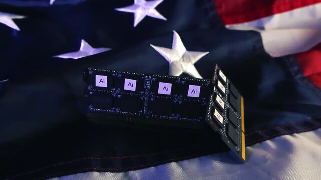Conceptual video showing artificial intelligence memory chips resting on a United States flag, symbolizing the global technological race, innovation, and national semiconductor industry policy