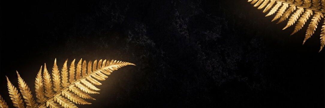 Golden fern leaves on dark background artistic nature photography with botanical
