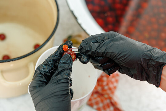 Hands Manually Removing Cherry Pits, Traditional Fruit Preparation and Food Processing Concept