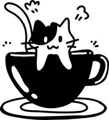 Hand Drawn Cat in Coffee Cup Outline Icon © Fams Studio