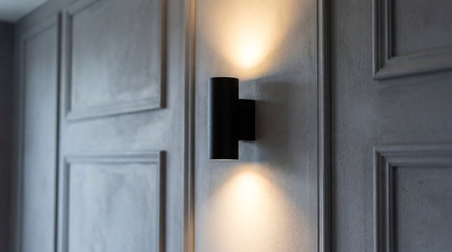 Modern wall light fixture emitting warm beams on grey panelled wall