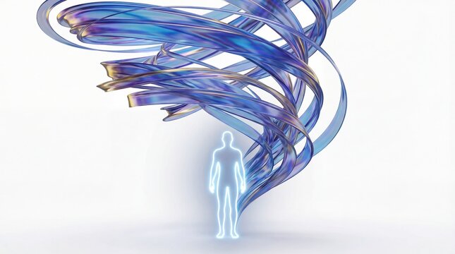 Abstract human silhouette surrounded by iridescent flowing energy streams