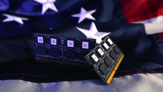 Orbiting shot of computer memory chips with AI written on them placed on a United States flag, symbolizing the concept of technological supremacy, innovation, and national security in computing