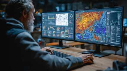 Fototapeta premium Man Analyzing Data on Computer Screens in Office