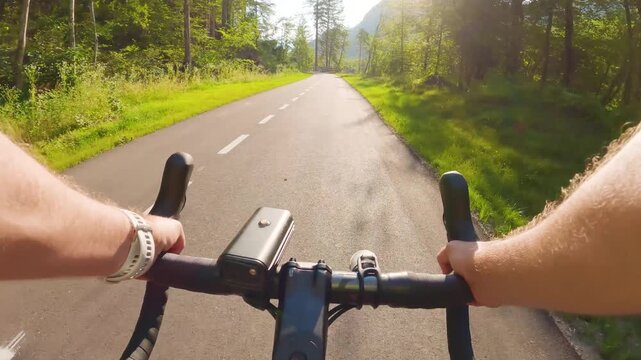 POV of cyclist riding on asphalt bike path at sunset in summer. Slovenia. First person view of male hands on bicycle handlebar cycling on road in green fields, forest. Active sport outdoor lifestyle