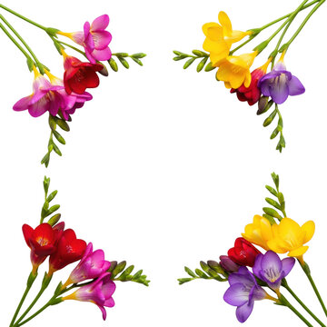 Multicolor freesia blossoms in magenta, red, yellow, and violet framing a minimalist white background in an overhead flat lay view concept of spring freshness