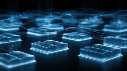 Fototapeta premium Glowing blue digital books representing knowledge and education technology