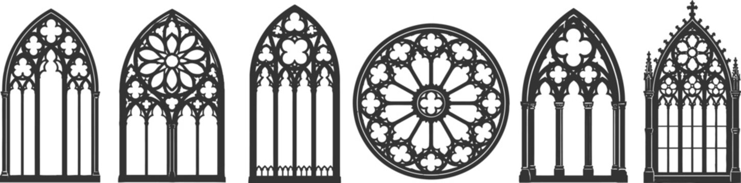 Gothic window silhouettes on a white background architectural design elements