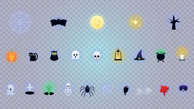Pixel art Halloween bundle set featuring spooky ghost pumpkin bat witch hat and skull elements for creative design projects