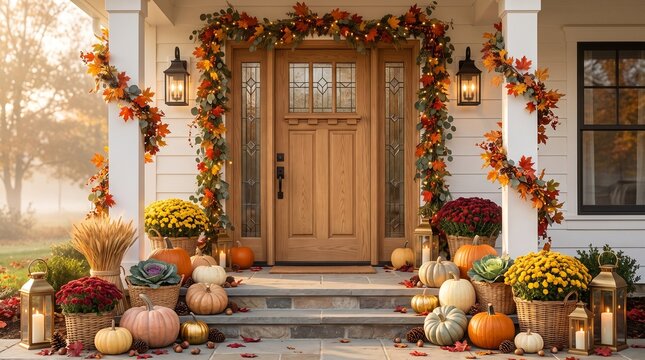 Festive autumn front door decorated with fall foliage and pumpkins for seasonal greetings