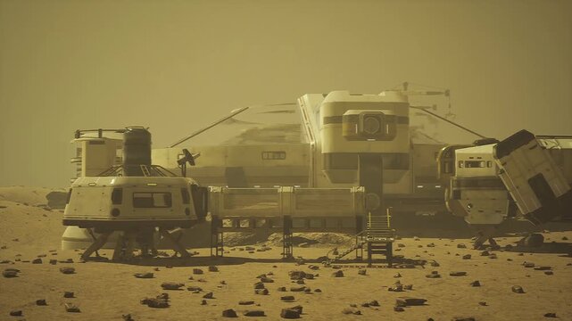 Mars outpost landing module on rocky plain, panoramic habitat and supply vehicle, dusty regolith, twilight glow, quiet pioneering atmosphere and engineering