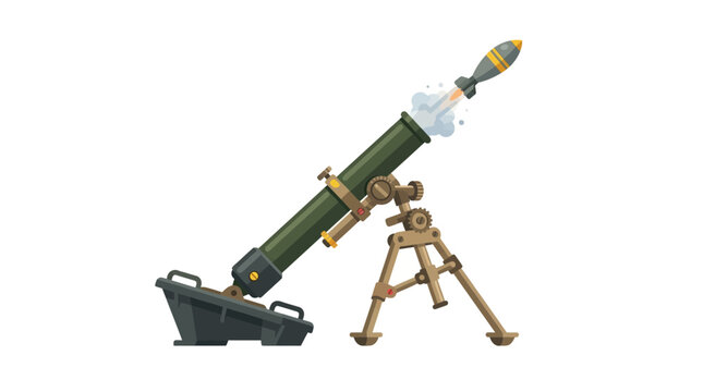 Military Infantry Mortar Launcher Firing Projectile Bomb Vector Illustration