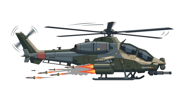 Military attack helicopter firing rockets in tactical combat mission