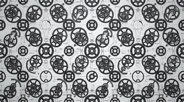 Technical blueprint background featuring various black mechanical clock gears