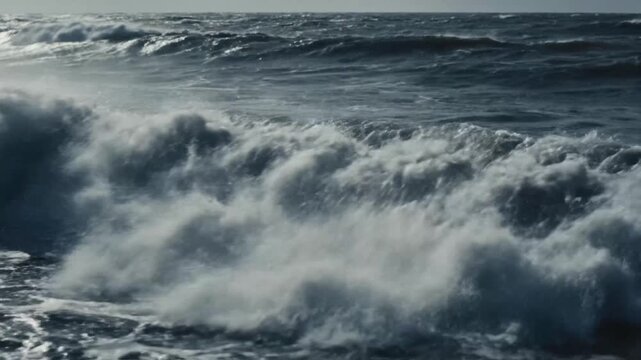 Dark, powerful ocean waves breaking during a storm at sea