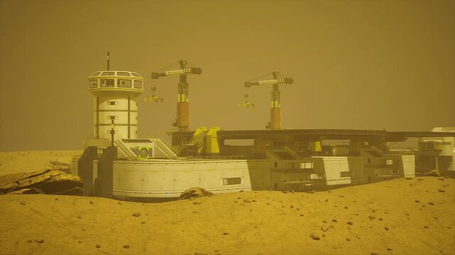 Mars extraction plant near regolith, processing units harvest subsurface ice and route meltwater to tanks, piping and filters connect to modular refinery