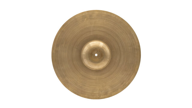 A single brass musical cymbal with a central dome, showing metallic texture and circular grooves, isolated against a plain white background