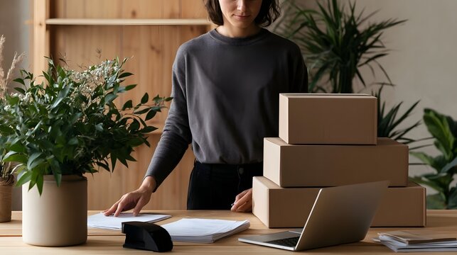 A person stands at a wooden desk surrounded by stacked cardboard boxes  an open laptop  and potted plants