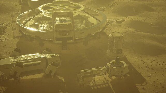 Mars excavation site with drilling rig, trenches cut into regolith, ore containers staged on platform, robotic excavator operating under golden haze, industrial